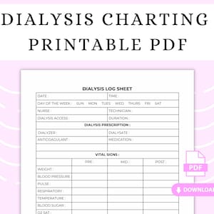 Dialysis Charting Printable PDF, Home Dialysis Documentation, Hemodialysis, Peritoneal Dialysis Monitoring, Chronic Renal Failure Charting