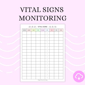 Peut inclure: Une feuille imprimable blanche avec les mots "VITAL SIGNS MONITORING" en noir. La feuille comporte une grille pour enregistrer les données des patients, y compris la chambre, le nom, la température et d'autres signes vitaux. Le fond est rose clair.