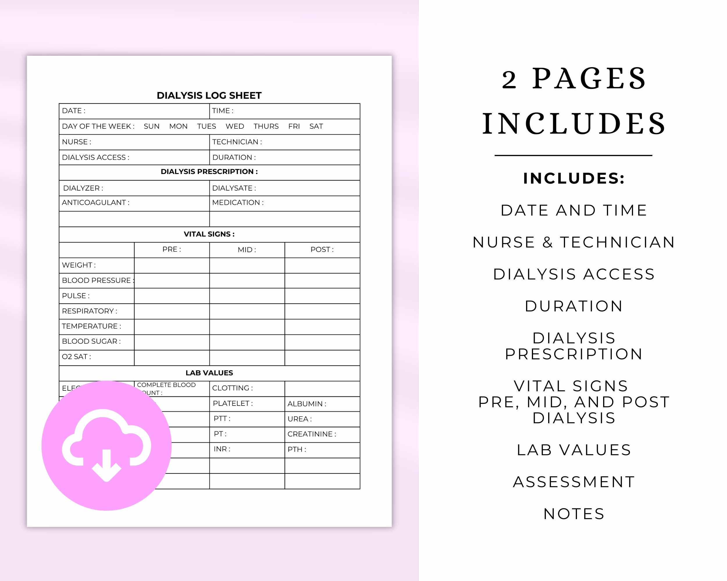 Dialysis Charting Printable PDF, Home Dialysis Documentation