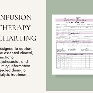 May include: A white infusion therapy charting form with black text and lavender accents. The document includes sections for client information, IV insertion details, clinical assessment, and infusion monitoring, with fields for patient vitals and notes.