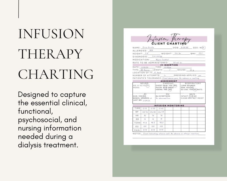 May include: A white infusion therapy charting form with black text and lavender accents. The document includes sections for client information, IV insertion details, clinical assessment, and infusion monitoring, with fields for patient vitals and notes.