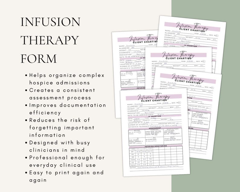 May include: A set of Infusion Therapy Client Charting forms featuring a white background with light purple headers. The documents include fields for patient name, allergies, diagnosis, medication, and infusion monitoring tables for clinical use.