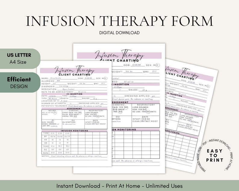 May include: A digital infusion therapy client charting form with black text on white paper, featuring lavender headers and sections for patient details, IV insertion, assessment, and monitoring. The document includes US Letter and A4 size options.