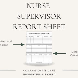 May include: A white Nurse Supervisor Report Sheet document featuring black text and grid lines. The form includes sections for Admissions, Planned Discharges, Acute Transfers, and Appointments. The text Organized and Efficient and Detail Oriented points to the form.