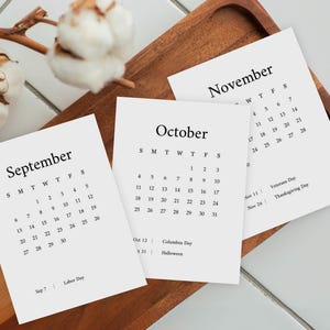Utskrivbara mini-månadskalenderkort för 2026 och 2027 med helgdagar | 7,5 x 10 cm kartong | Minimalistisk planerare och dagboksinsats | Söndag och måndag