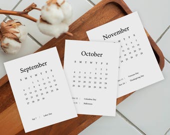 Printable 2026 & 2027 Mini Monthly Calendar Cards with Holidays | 3in x 4in Card | Minimalist Planner and Journal Insert | Sunday and Monday