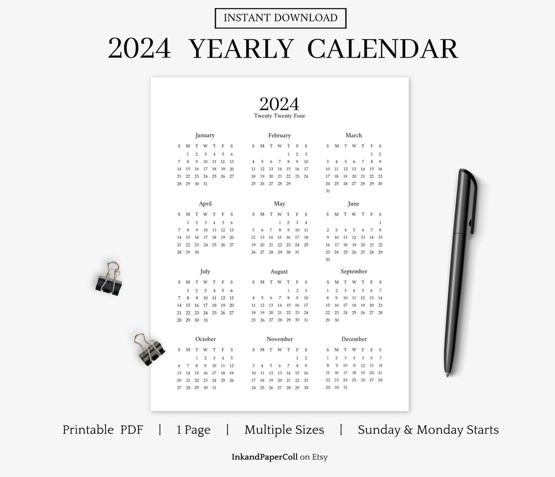 Printable 2024 Yearly Calendar, Year at a Glance, Planner Insert, Minimalist, A4, A5, Letter
