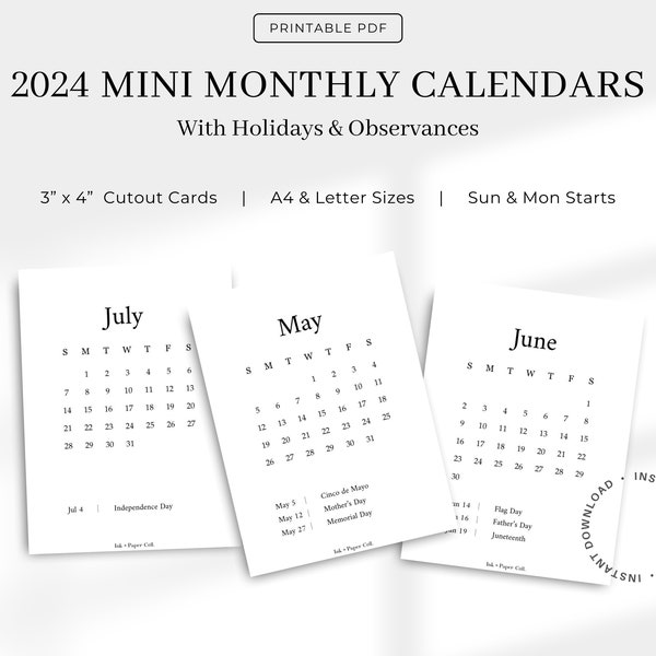 2024 Small Calendar 3x4, Monthly Calendar Printable with Holidays + Observances, Minimalist Desk Calendar, A4, Letter, Sunday & Monday Start