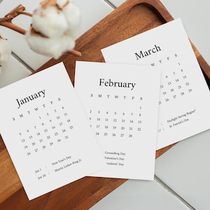 Mini calendarios mensuales 2025 con días festivos y celebraciones, tarjetas de planificador de 3 x 4 pulgadas, imprimibles en formato PDF minimalista, A4, carta, inicio en domingo y lunes