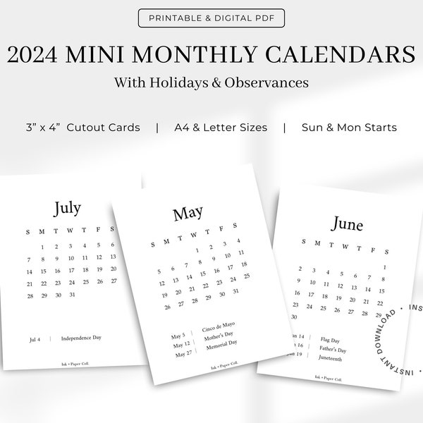2024 Small Calendar 3x4, Monthly Calendar Printable with Holidays + Observances, Minimalist Desk Calendar, A4, Letter, Sunday & Monday Start