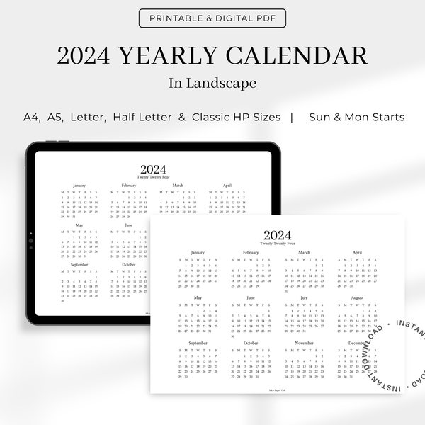 2024 Yearly Calendar, Landscape, Year at a Glance, Printable, Digital, Minimalist, A4, A5, Letter, Half Letter, Classic HP, Sun & Mon Start