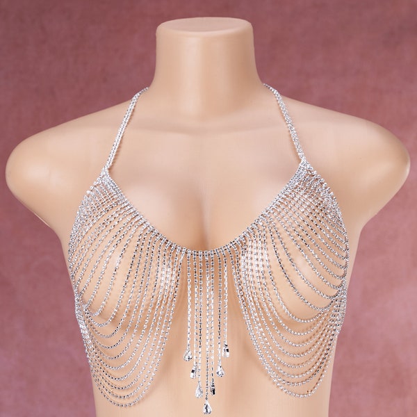 Silver Body Chain for Woman's Ideal Ornament, Layered Bralette Jewelry Fringe Adjustable Thin Chain, Rhinestone Tassel Corset