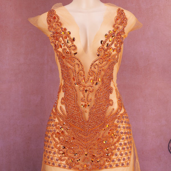 Bridal Orange Rhinestone Bodice Applique V-Neck Dress, Crystals Diamond Beads on Woman Wedding Banquet Party Birthday Dress Gown 2 Colors