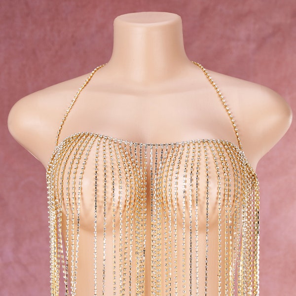 Gold Body Chain for Woman's Ideal Ornament, Rhinestone Layered Chest Bralette Jewelry Waist Fringe Adjustable Thin Chain