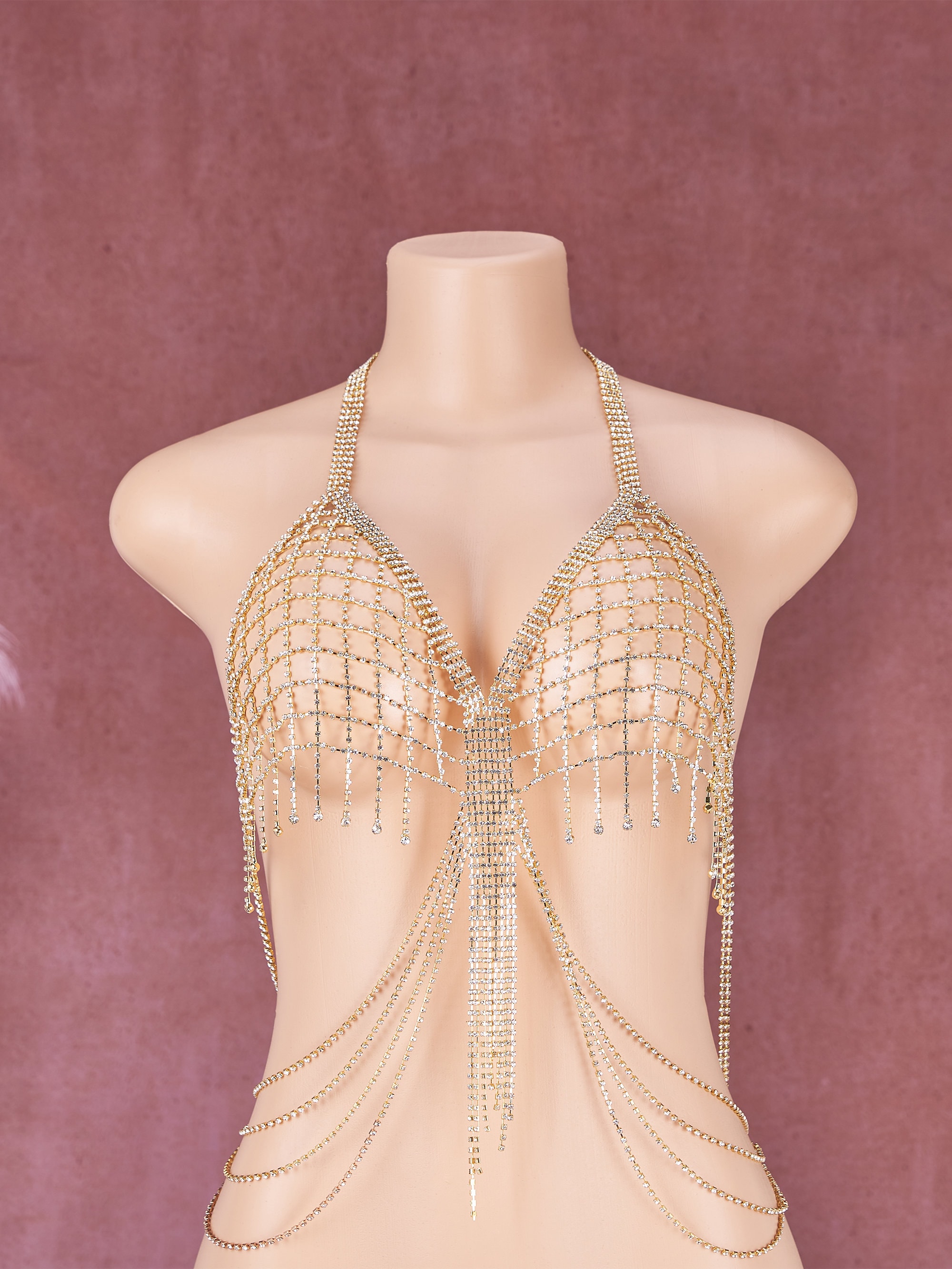 Unbranded - Gold Bralette & Bottom , and Necklace , SET, Body Chain , Body  Jewelry, Chain Bralette , Chain Dress , Waist Chain