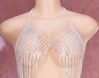 Silber Körper Kette für Frauen Ornament, Kristall Schulter Schmuck Kreuz Mesh Quaste Bikini Bralette Schmuck Strass Harness Körperkette