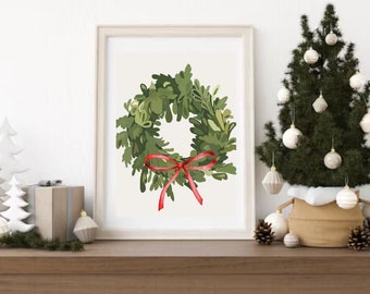 Christmas Wreath Full Red Ribbon Print