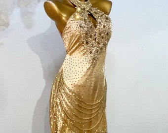 Custom Made Latin Dress 40 Colors Women Girls Fringe American Rhythm Dance Competition Professional Costume Chacha Tango Full of Stones Gold