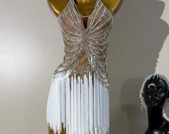 Custom Made Latin Dress  Women Girls Fringe Latin Dance Competition Professional Costume Chacha Tango Full of Stones Gold Champagne White