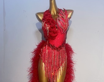 Deluxe Professional Custom Made to order Latin Dress 40 Colors Women Girls Fringe Dance Competition Chacha Tango Ostrich Feather Costume Red