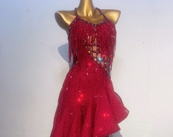 Custom Made Latin Dress 40 Colors Women Girls Fringe Latin Dance Competition Professional Costume Chacha Tango Full of Stones Red Leopard