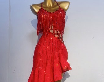 Vestido latino a medida, 40 colores, para mujer y niña, con flecos, para competición de baile latino, traje profesional, chachachá, tango, lleno de piedras, leopardo rojo.