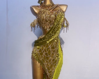 Custom Made Made to order Latin Dress 40 Colors to Choose for Women and Kids Girls Fringe Latin Dance Competition Dress Gold Champagne Green