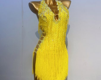 Custom Made Latin Dress 40 Colors Women Girls Fringe Latin Dance Competition Professional Costume Chacha Tango Full of Stones Yellow