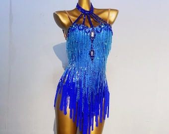 Custom Made Latin Dress 40 Colors Women Girls Fringe Latin Dance Competition Professional Costume Chacha Tango Full of Stones Blue