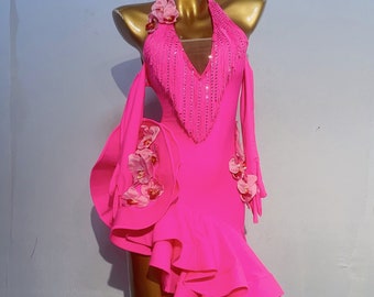 Custom Made to order Latin Jurk 40 Kleuren om te kiezen Vrouwen Kinderen Meisjes Fringe Latin Dance Professionele Concurrentie Jurk Donkerroze Fushia