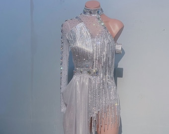 Custom Made Latin Dress 40 Colors Women Girls Fringe Latin Dance Competition Professional Costume Chacha Tango Full Stones Silver Bodysuit