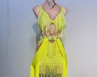 Custom Made Latin Dress 40 Colors Women Girls Fringe Latin Dance Competition Professional Costume Chacha Tango Full of Stones Yellow