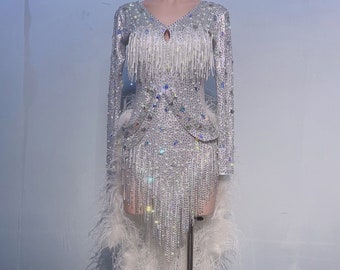 Deluxe Professional Custom Made to order Latin Dress 40 Colors Women Girls Fringe Dance Competition Chacha Tango Ostrich Feather Costume