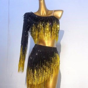 thumbnail image 2 of Sparkly Gold Rhinestone Bodysuit - Latin Dance Club Wear With Crystal Fringe 2 of 14