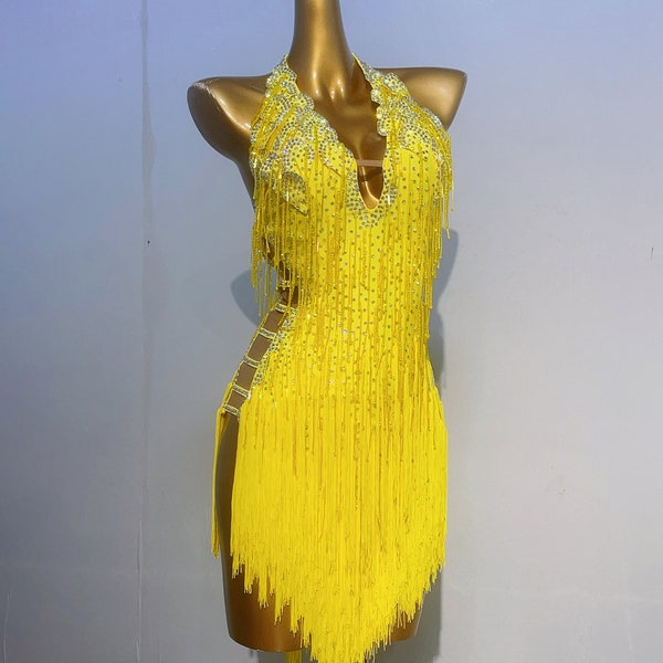 thumbnail image 2 of Sparkly Gold Rhinestone Bodysuit - Latin Dance Club Wear With Crystal Fringe 2 of 14