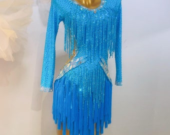 Custom Made to order Latin Dress 40 Colors Women Girls Fringe Rhythm Dance Competition Dress Light Blue Long Sleeve Lyrical Dance Dress