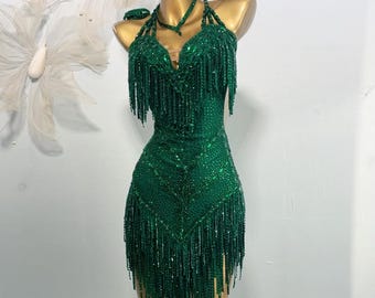 Custom Made Latin Dress Women Girls Fringe Latin Dance Competition Professional Costume Chacha Tango Full of Stones Green Teal