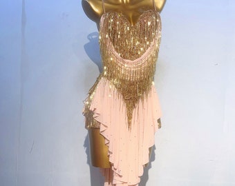 Vestido latino hecho a medida, 40 colores, para mujer, con flecos, para competición de baile latino, traje profesional, chacha, tango, lleno de piedras, dorado, rosa y leopardo.