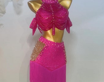 Vestido latino a medida, 40 colores, para mujer, con flecos, para competición de baile latino, traje profesional, chachachá, tango, lleno de piedras, rosa fucsia intenso.