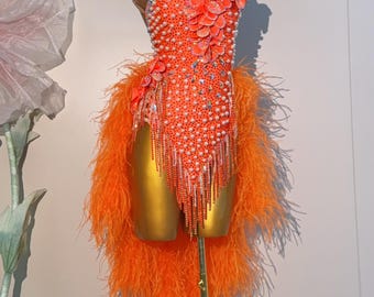 Deluxe Professional Custom Made to order Latin Dress Women Girls Fringe Dance Competition Chacha Tango Ostrich Feather Costume Orange