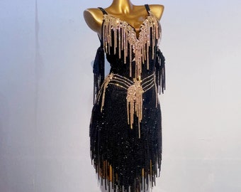 Custom Made Latin Dress 40 Colors Women Girls Fringe Latin Dance Competition Professional Costume Chacha Tango Full of Stones Black