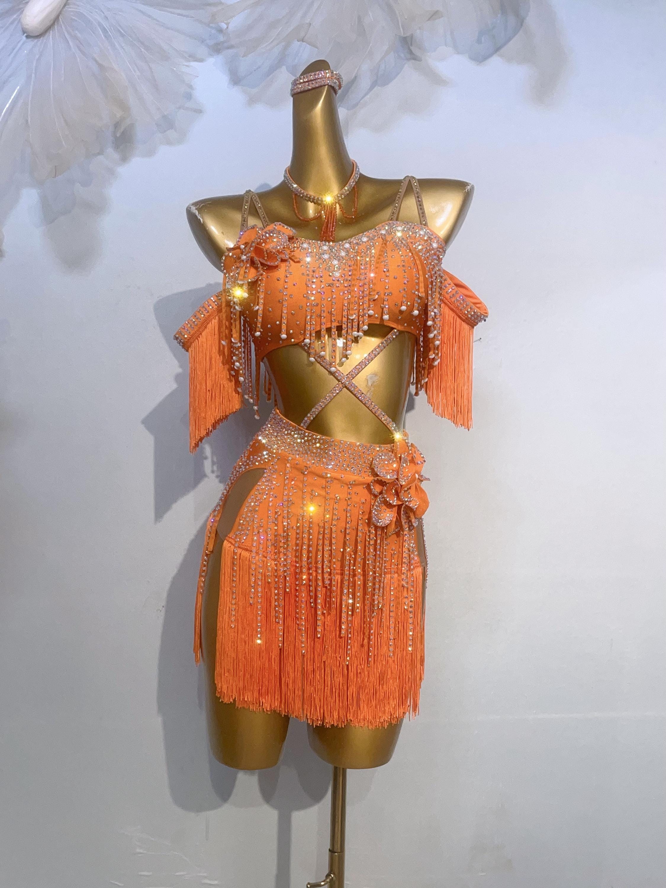 キッズ ラテンダンスドレス フリンジ 花レース ビジュー 高級オーダーメイド カスタムメイド ラテンドレス 競技用 40色 女性 子供 女の子 フリンジ