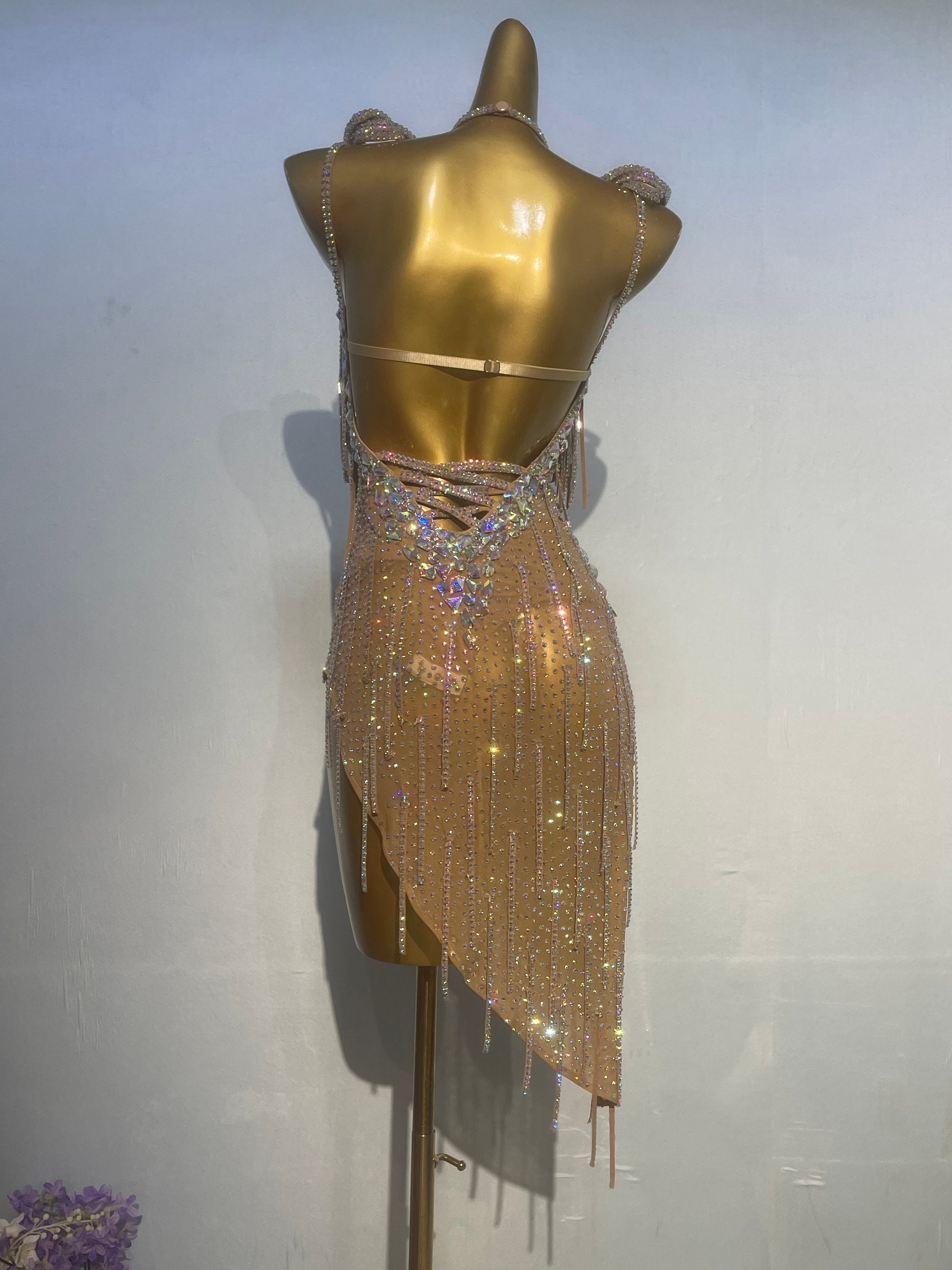 gold latin dress Custom Made 40 Colors Women Girls Fringe Latin Dance Competition Professional Costume Chacha Tango Full of Stones Champagne vestuario de salsa para mujer