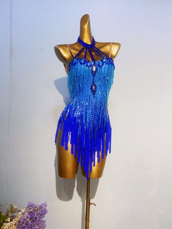 Deals Ballroom Latin Dance Competition Dresses For Sale Blue Ballroom Dress  With Feathers |DanceDressing