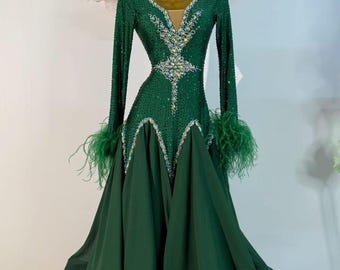 Custom Made Smooth Dance 40 Colors Women Girls Ballroom Pearls and Crystals Standard Dress Professional Costume Chacha Tango Green Silver