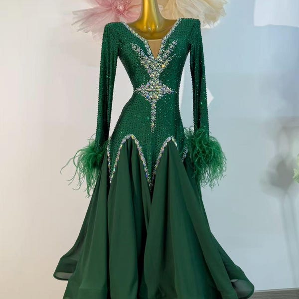 Vestido de baile suave personalizado, 40 colores, para mujer y niña, con perlas y cristales, traje profesional estándar, chacha, tango, verde y plateado.