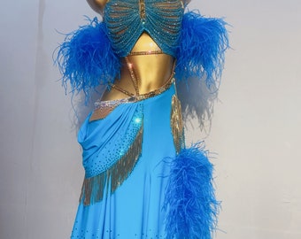 Deluxe Professional Custom Made to order Latin Dress 40 Colors Women Fringe Dance Competition Chacha Tango Ostrich Feather Costume Blue