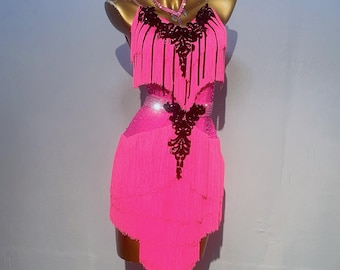 Custom Made to order Latin Dress 40 Colors to Choose Women Kids Girls Fringe Latin Dance  Professional Competition Dress Dark Pink Fushia
