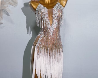 Custom Made Latin Dress Women Girls Fringe Dance Competition Professional Costume Chacha Tango Gold Champagne White Pageant Dress