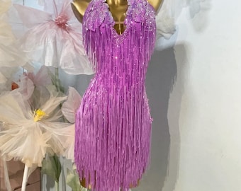 Custom Made Latin Dress 40 Colors Women Girls Fringe Latin Dance Competition Professional Costume Chacha Tango Full of Stones Pink Purple